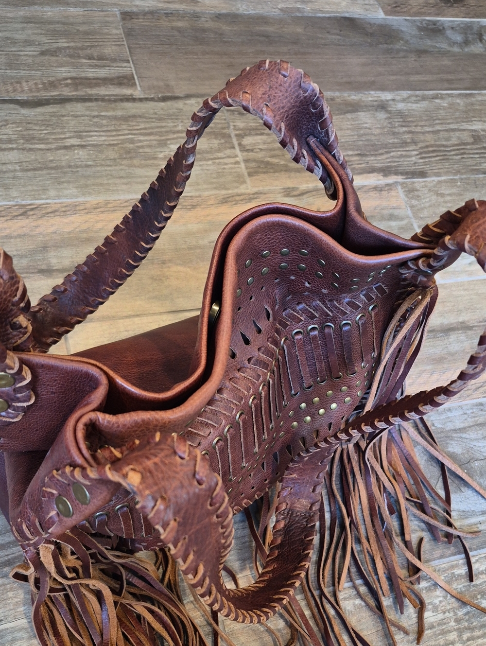Raj Anthropologie Dark Brown Fringe Studded Whipstitch Leather Shoulder Bag - Picture 4 of 15
